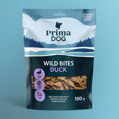 PrimaDog Wild Bites Ankka ja auringonhattu | koiran herkku | 150g